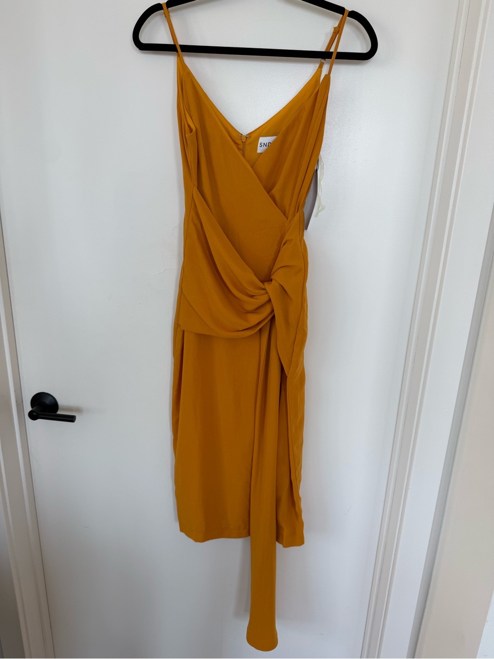 SNDYS Sleeveless Mustard Wrap Midi Dress with Knot Detail